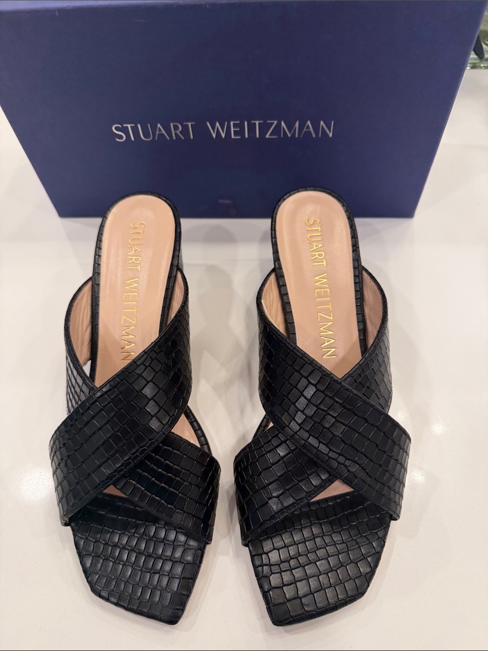 Stuart Weitzman Black Croc-Embossed Crisscross Slide Mules